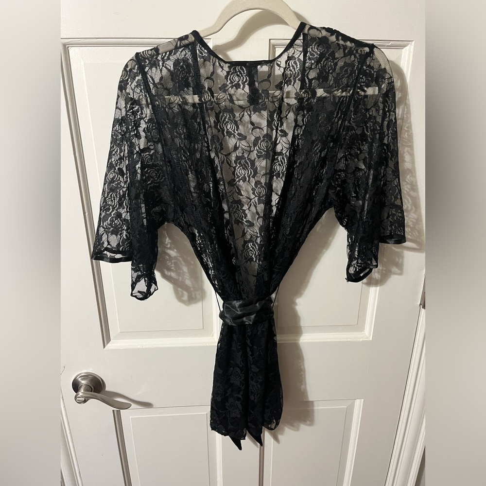 Vintage Black Lace See Thru Medium Sheer Wrap Shirt or Robe